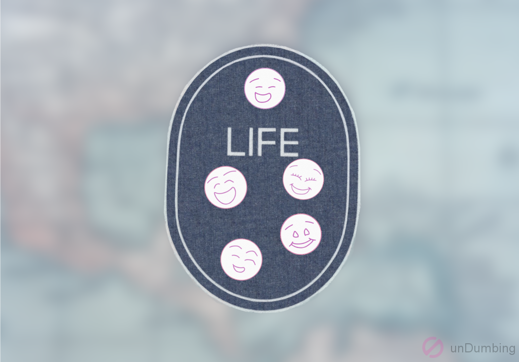 Gray patch with pink and white laughing emoticons and the word life