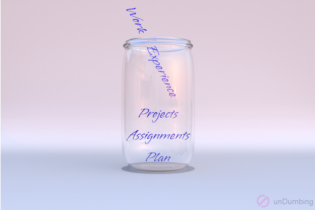Glass jar filled with words plan, assignments, projects, and work experiences