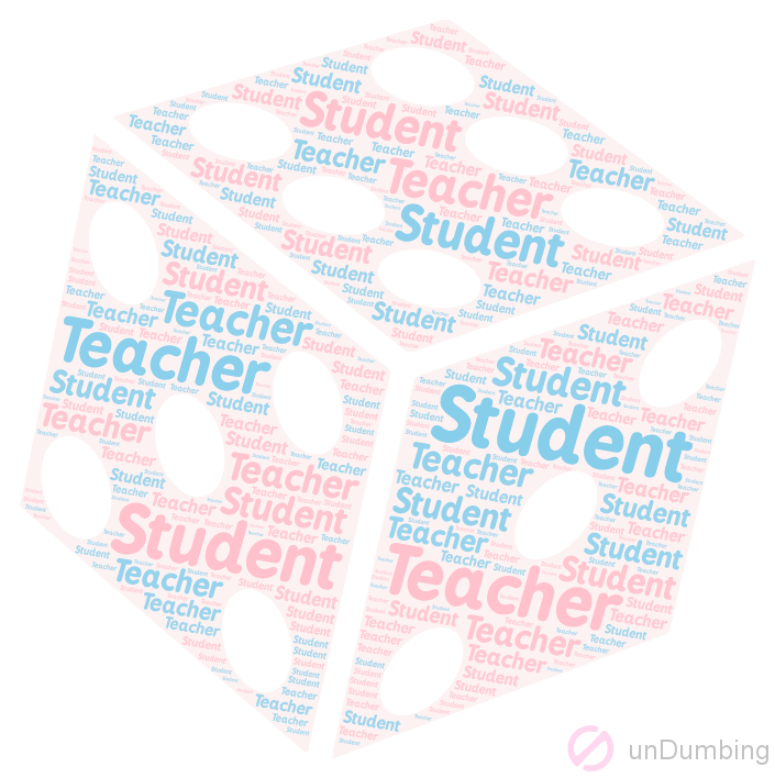 Pink word art cube with pink and blue repeated words student and teacher