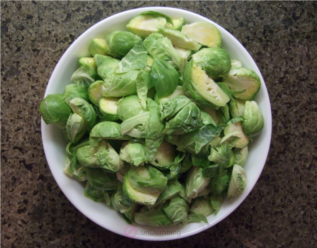 Trimmed and cut brussels sprouts in a bowl