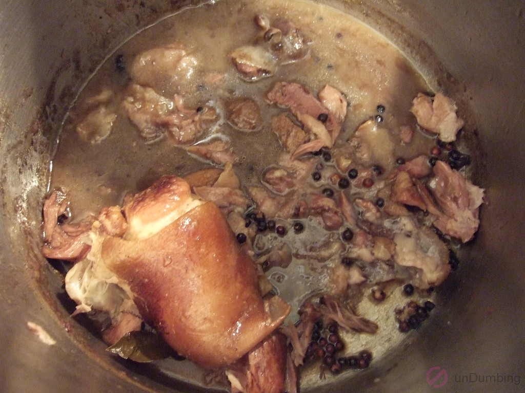Leftover simmered-down pork hocks in a pot
