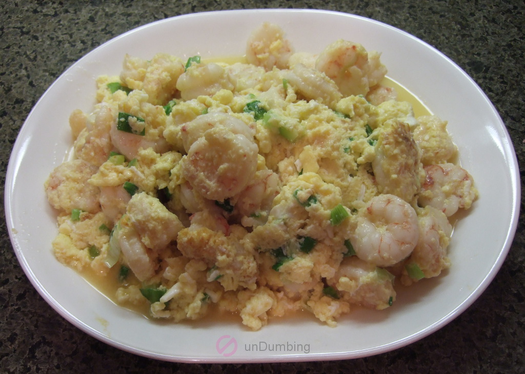 Plate of cooked shrimp and eggs