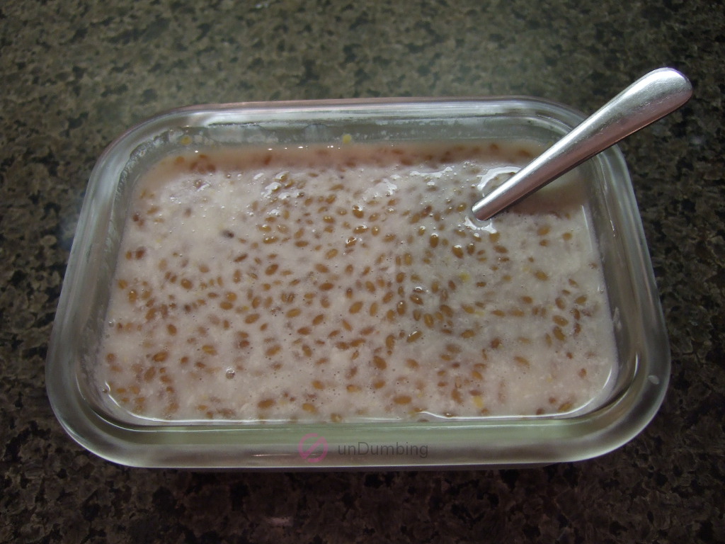 Glass container of refrigerated flaxseed pudding