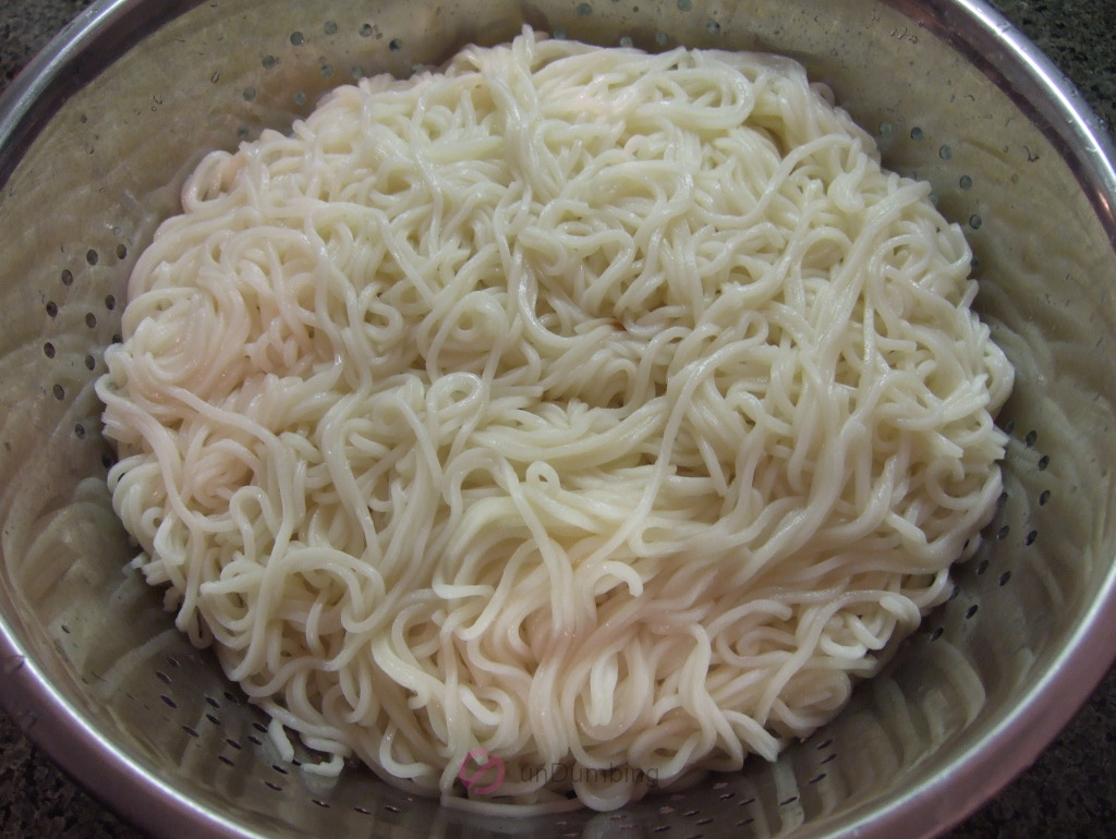 Cooked Korean fresh noodles (somen) in colander