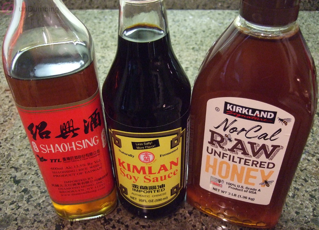 New bottles of rice wine, soy sauce, and honey