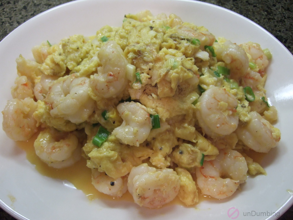 Plate of shrimp and egg stir fry