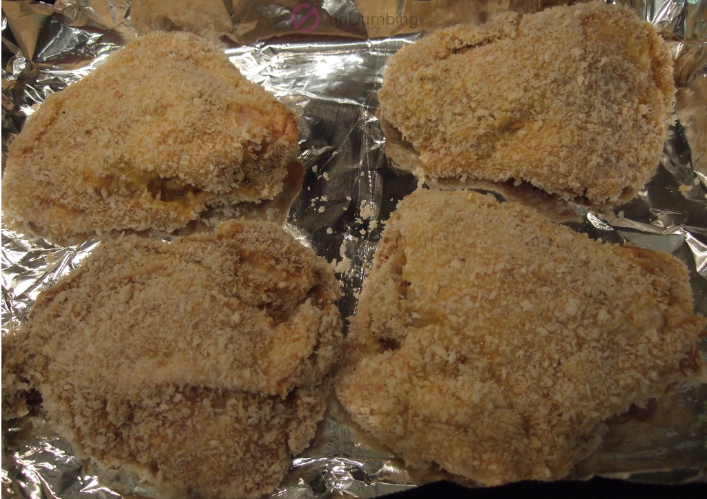 Breaded chicken on foil-lined baking pan (Try 2)