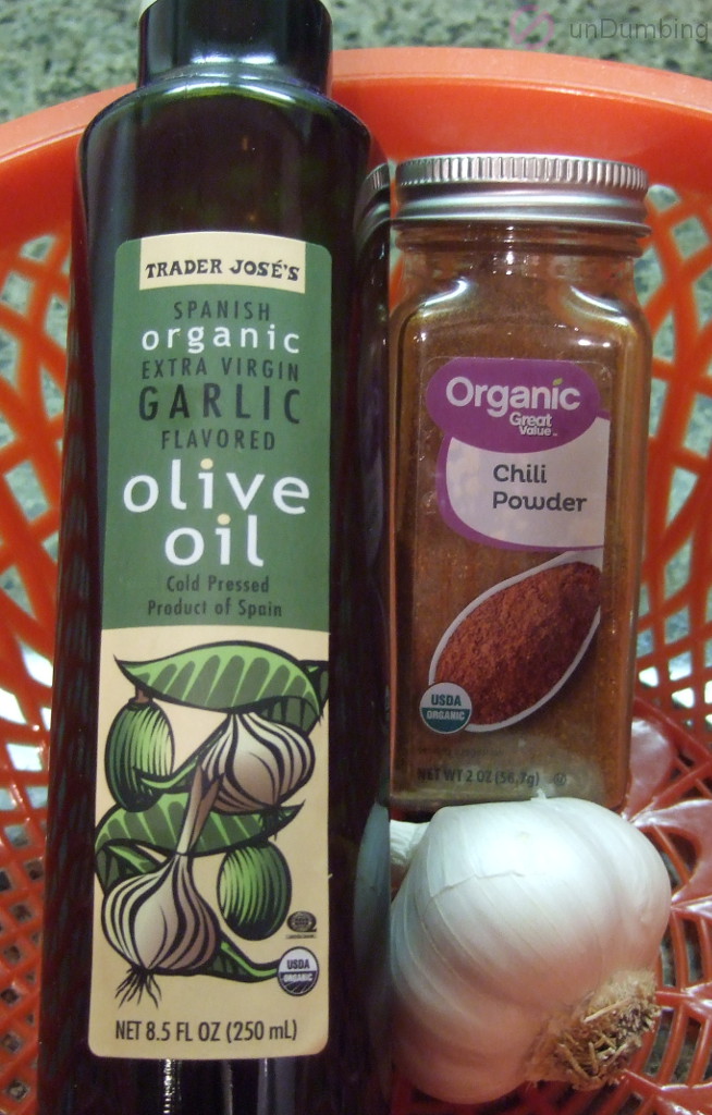 Garlic-flavored olive oil, chili powder, and garlic