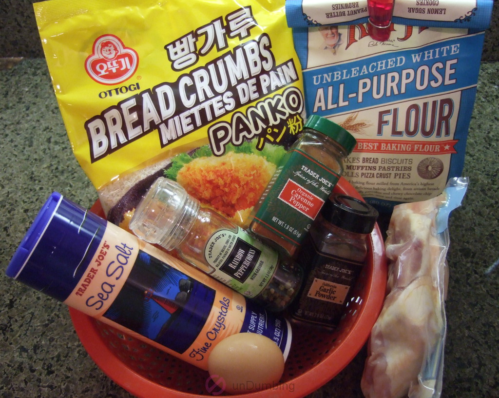 Panko bread crumbs, all-purpose flour, salt, pepper, cayenne pepper, garlic powder, chicken thighs, and egg