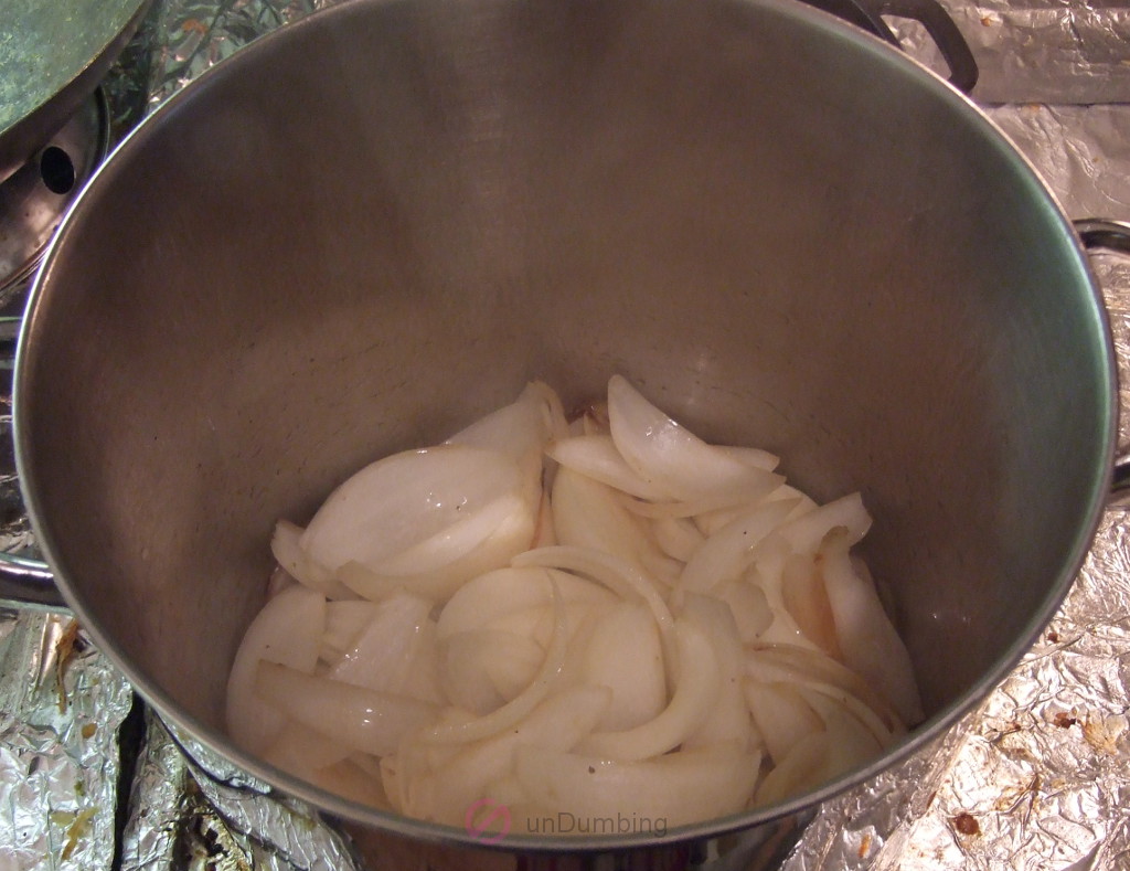 Sautéing onion and garlic in a pot
