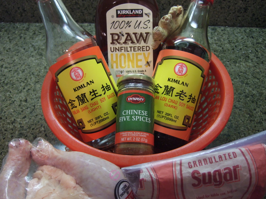 Light soy sauce, honey, ginger, dark soy sauce, five spice powder, chicken, and sugar