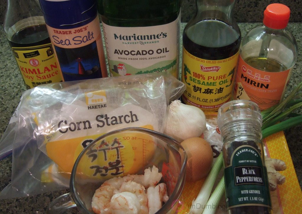 Light soy sauce, salt, oil, sesame oil, rice wine, corn starch, garlic, bean thread noodles, shrimp, egg, scallions, pepper, and ginger