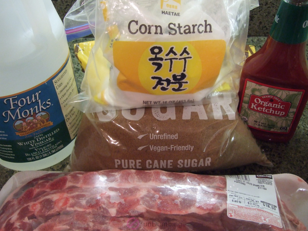 Vinegar, corn starch, brown sugar, ketchup, and spare ribs