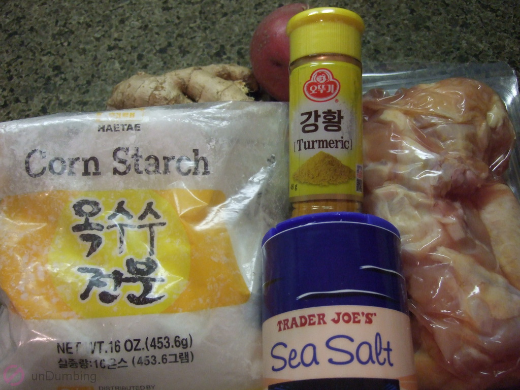 Ginger, potato, corn starch, turmeric powder, chicken wings, and salt