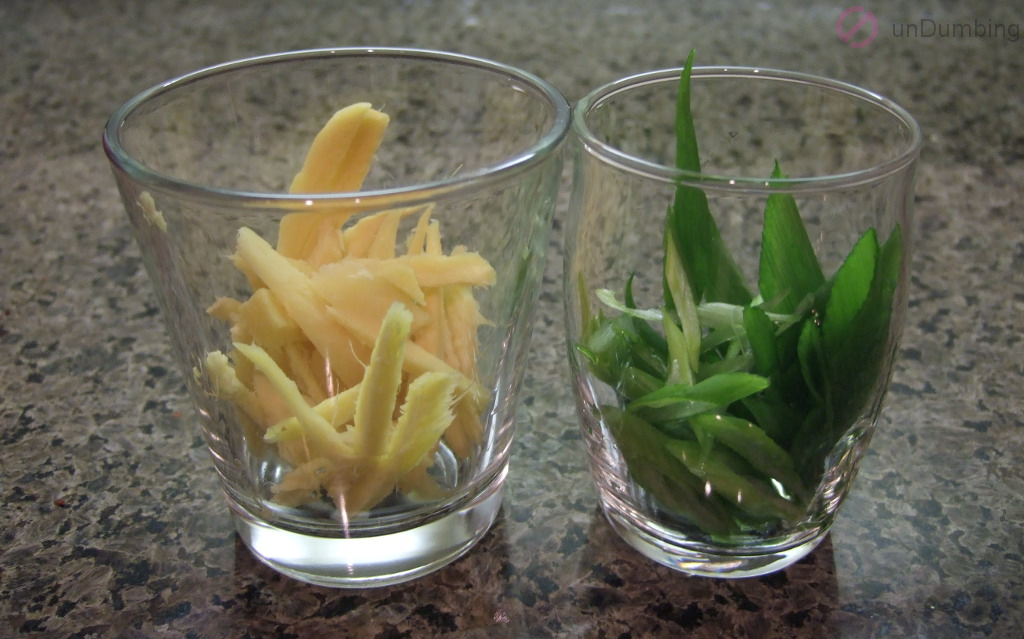 Glass of ginger strips and glass of spring onion strips