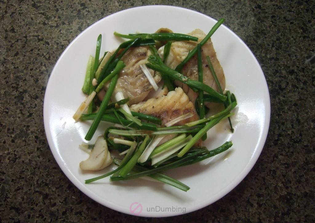 Steamed cod on white plate (Try 2)