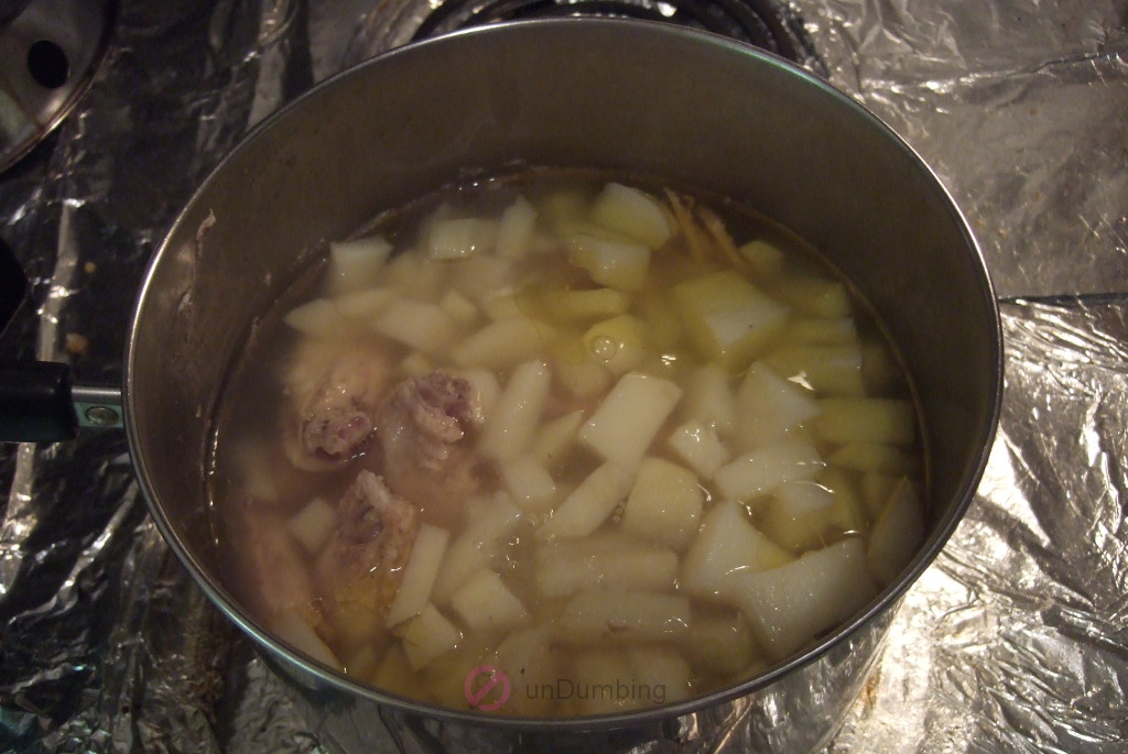 Potatoes softened in the saucepan