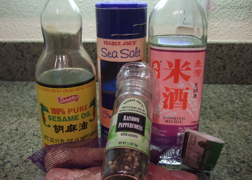 Sesame oil, salt, Michiu, ginger root, pepper, chicken drumsticks