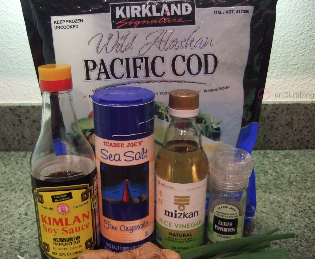 Pacific cod, soy sauce, salt, rice vinegar, pepper, ginger, and scallions