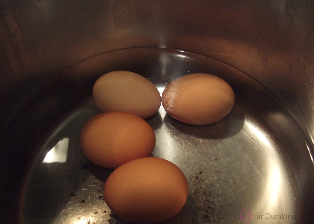 Eggs in saucepan after sitting in water