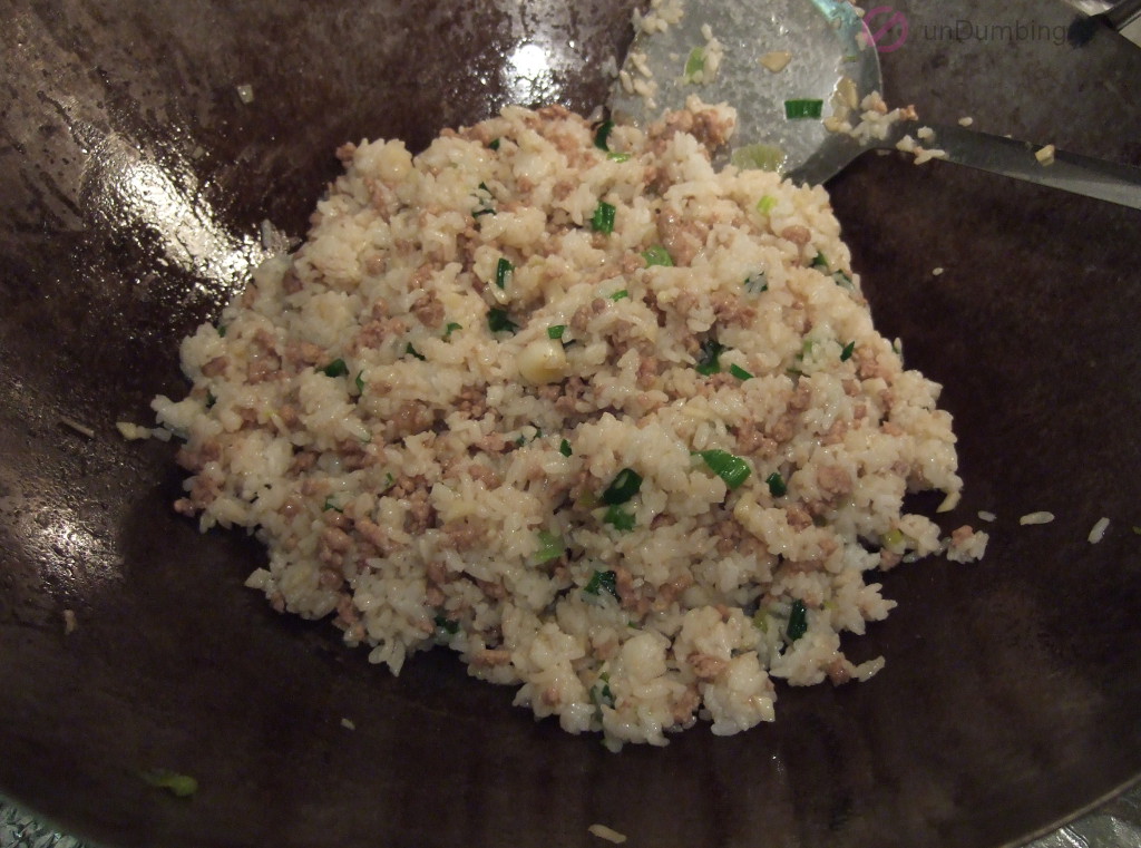 Rice mixed into the pork mixture in the wok (Try 2)