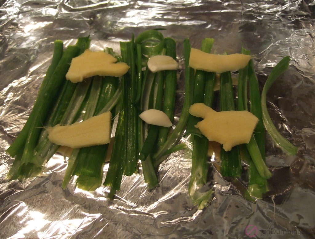 Base layer of green onion, ginger, and garlic slices on a foil-lined roasting pan