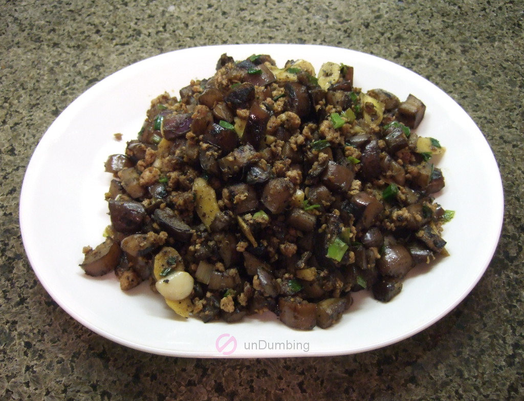 Chinese eggplant and minced pork on a white plate (Try 2)