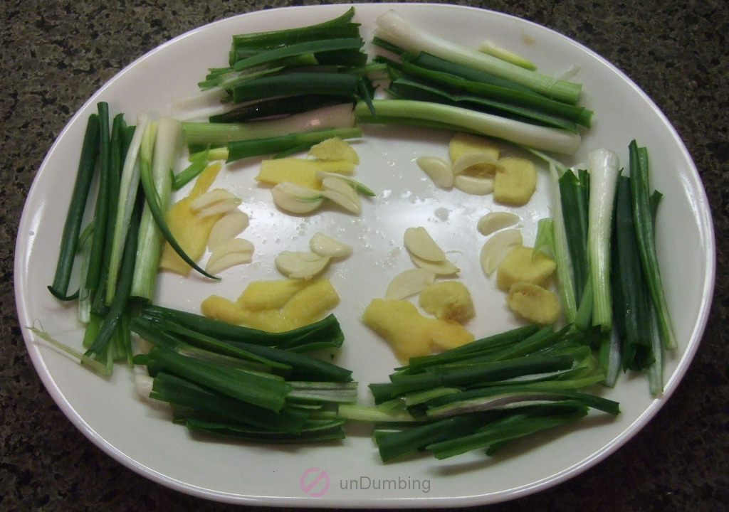 Green onion, ginger, and garlic slices on a white plate