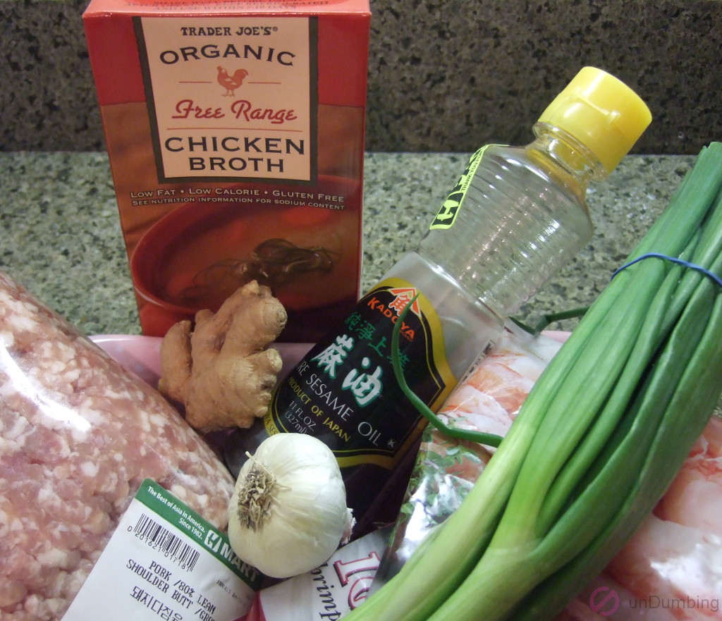 Chicken broth, ground pork, ginger, sesame oil, shrimp, green onions, and garlic