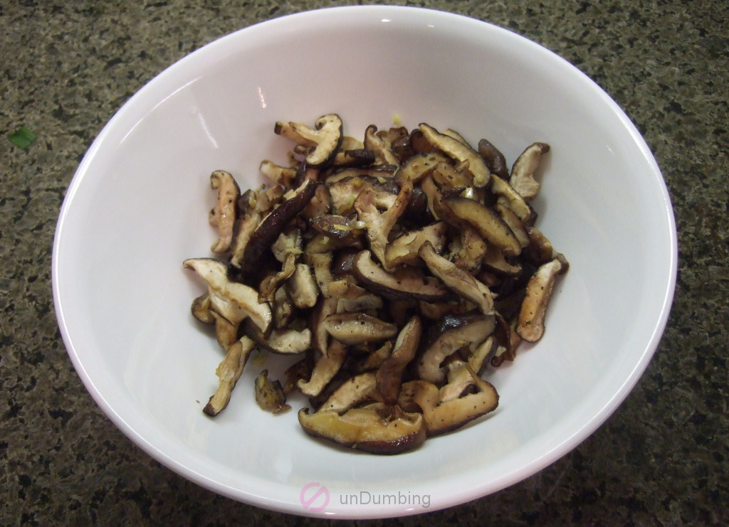 White bowl of garlicky roasted shiitake mushrooms (Try 2)