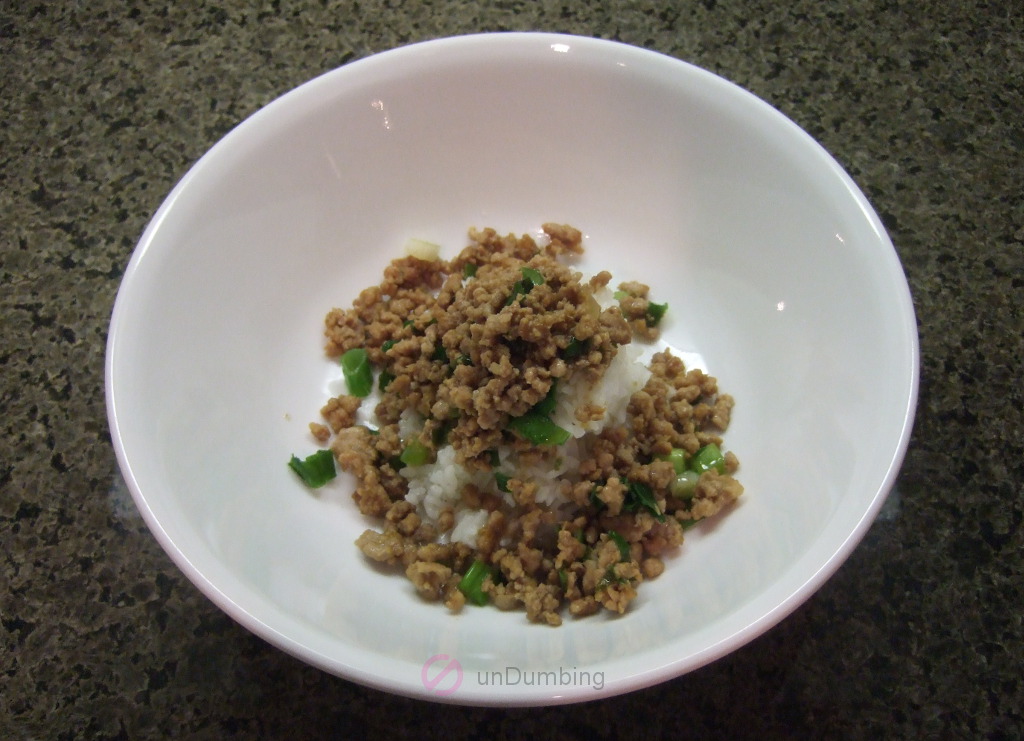 White bowl of ginger minced pork and rice