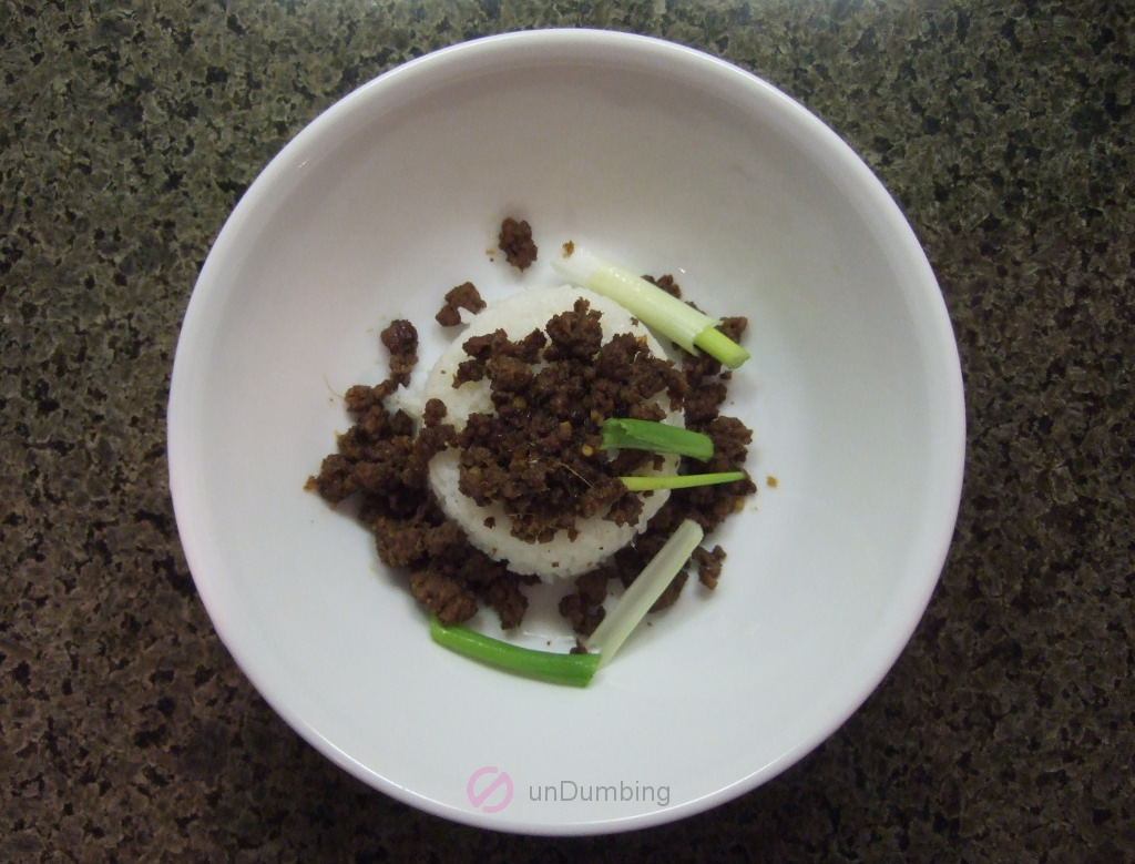 Ground beef, green onion slices, and white rice in a white bowl (Try 2)
