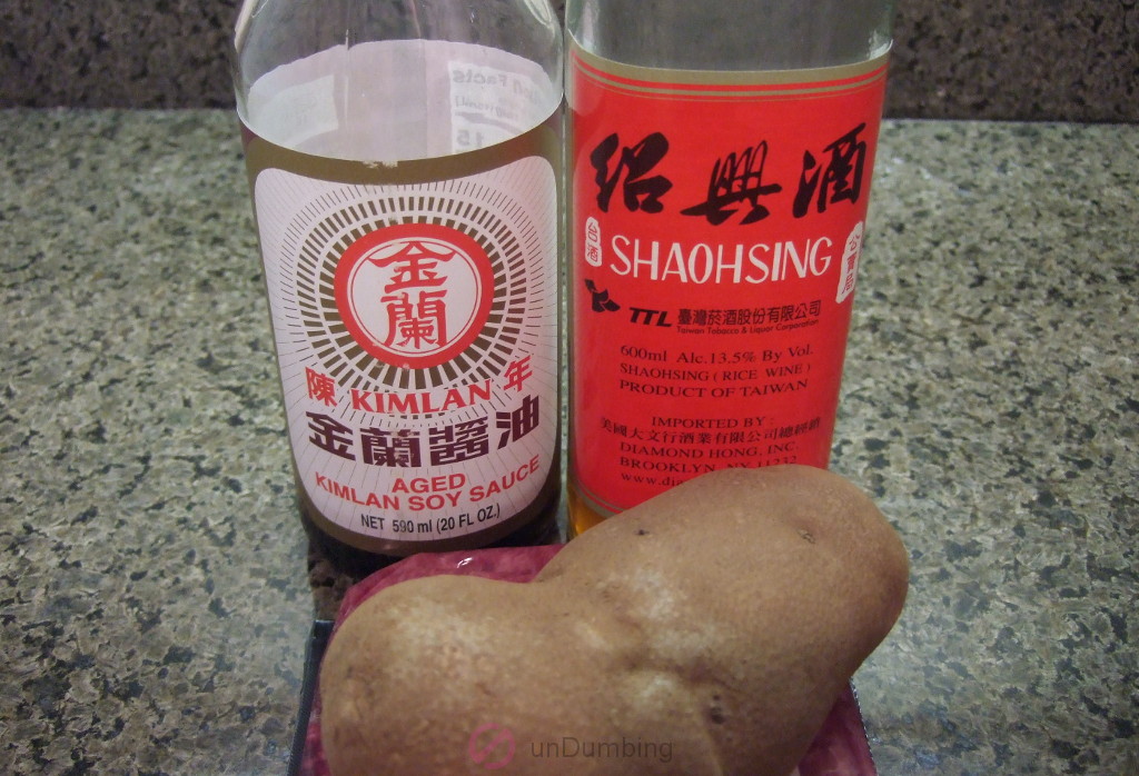 Soy sauce, Shaoxing (Shaohsing) rice wine, ground beef, and Russet potato