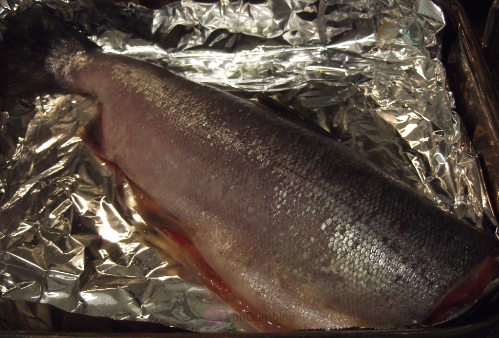 Salmon on a foil-lined roasting pan with marinade removed