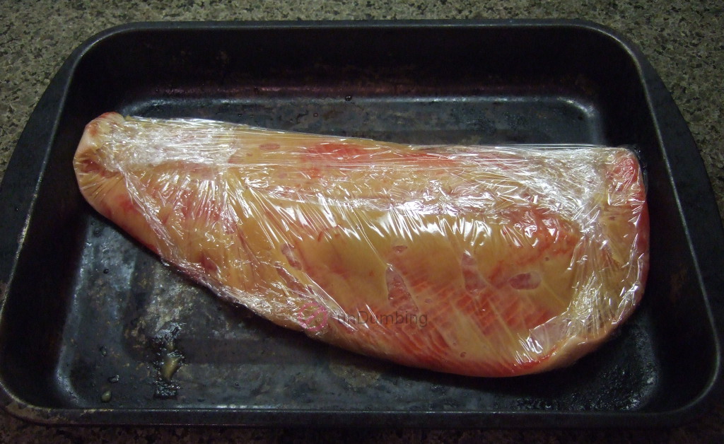 Salmon wrapped in plastic on a baking pan (Try 2)