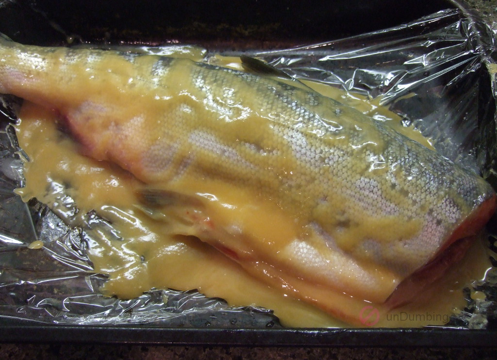 Salmon with marinade on a plastic-lined baking pan