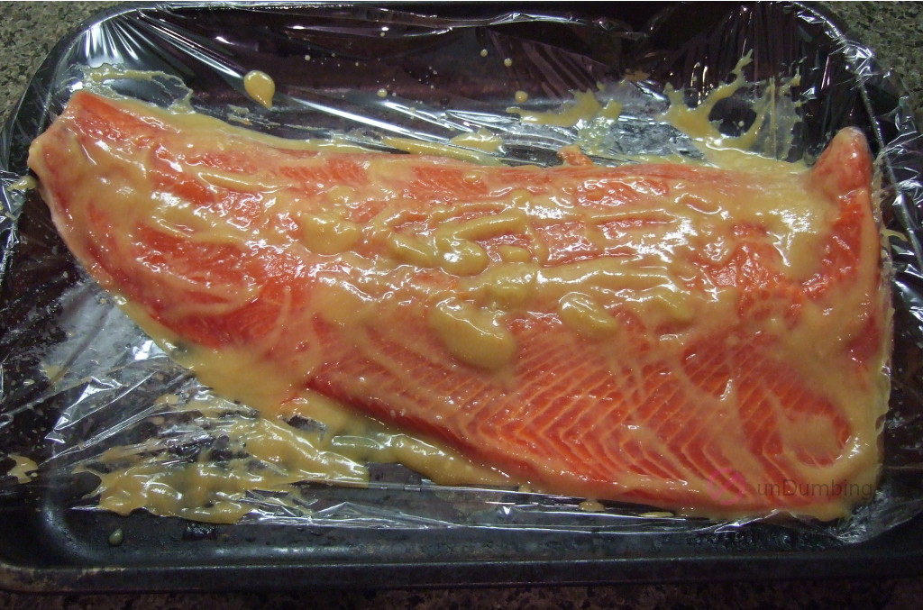 Salmon with marinade on a plastic-lined baking pan (Try 2)