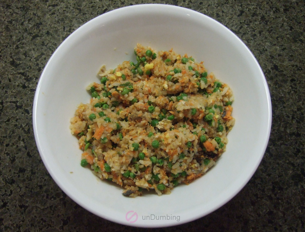 Salmon fried rice in a white bowl