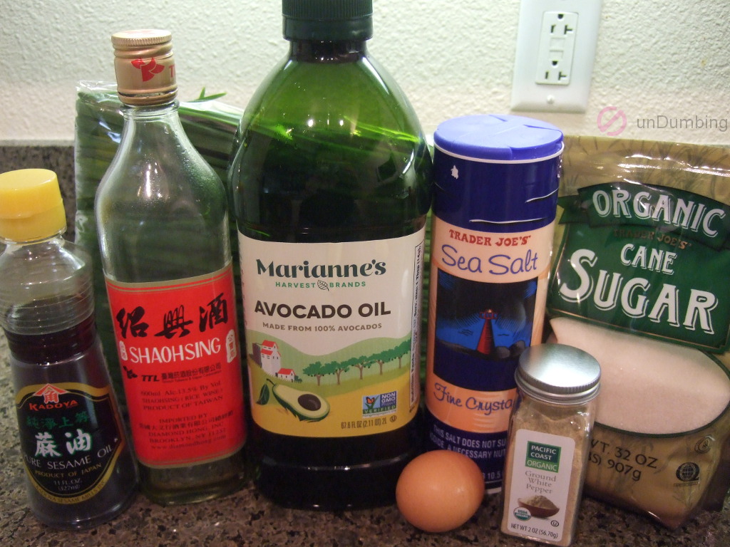 Sesame oil, Chinese chives, Shaoxing (Shaohsing) wine, oil, salt, sugar, egg, and ground white pepper