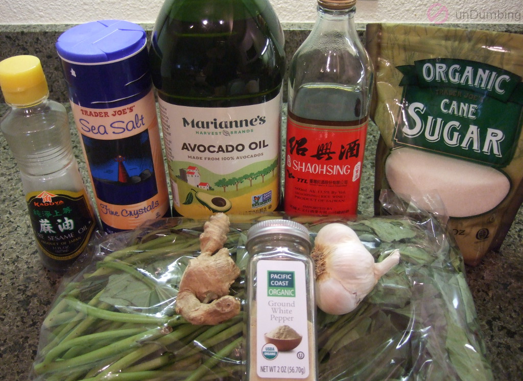 Sesame oil, salt, oil, Shaoxing (Shaohsing) wine, sugar, sweet potato leaves, ginger, ground white pepper, and garlic