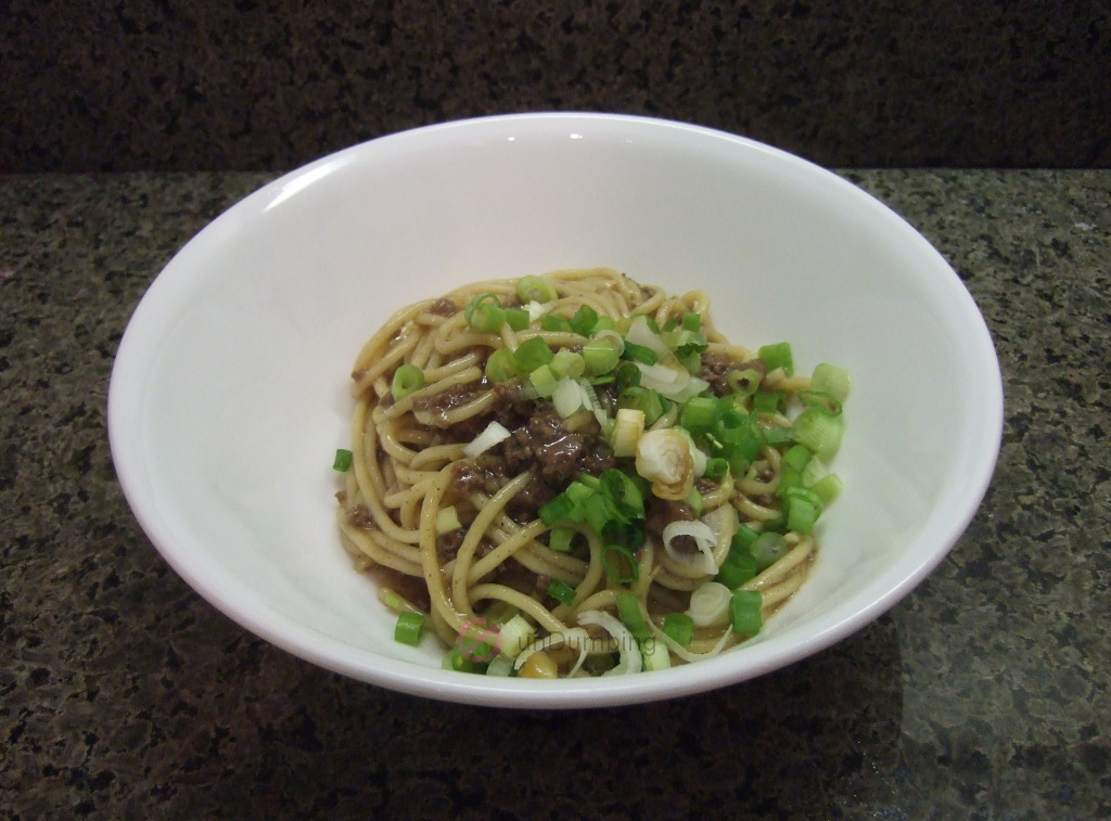Asian ground beef noodles in a white bowl (Try 2)