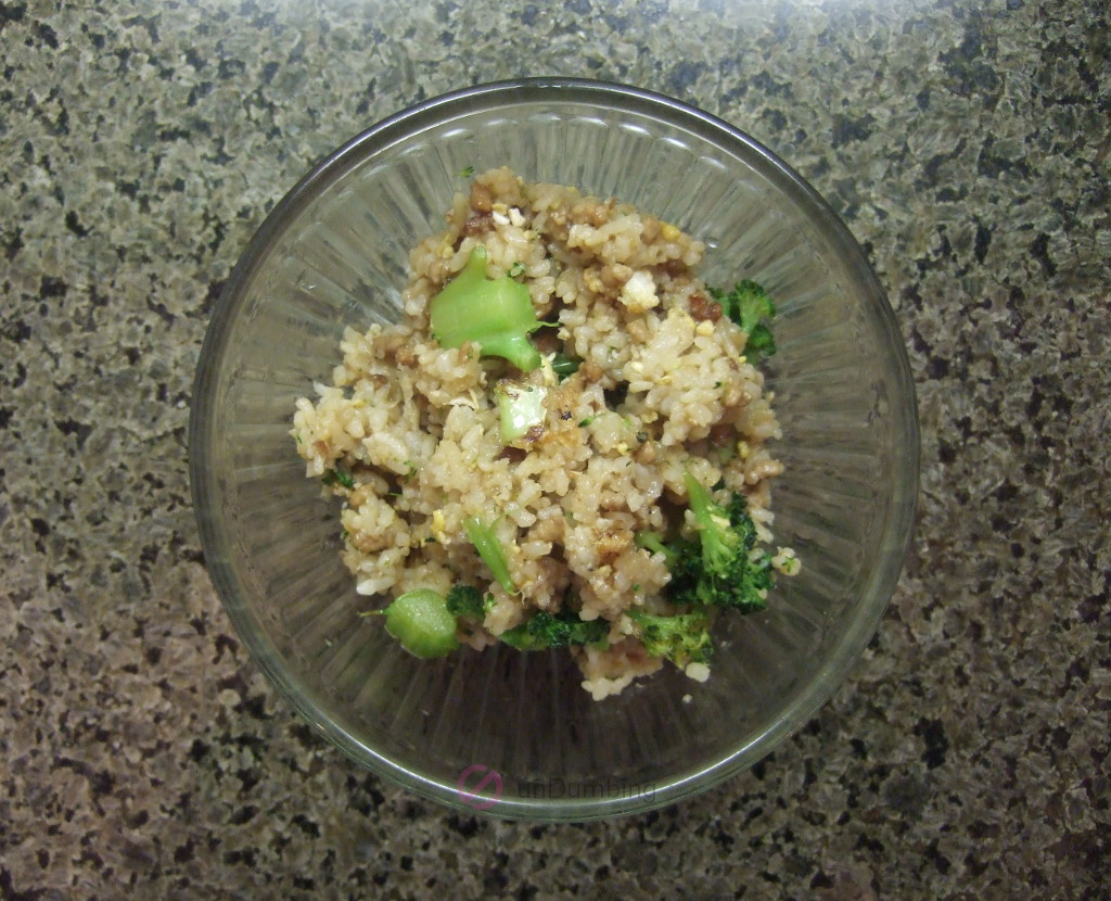 Ground pork and broccoli fried rice in a glass bowl (Try 2)