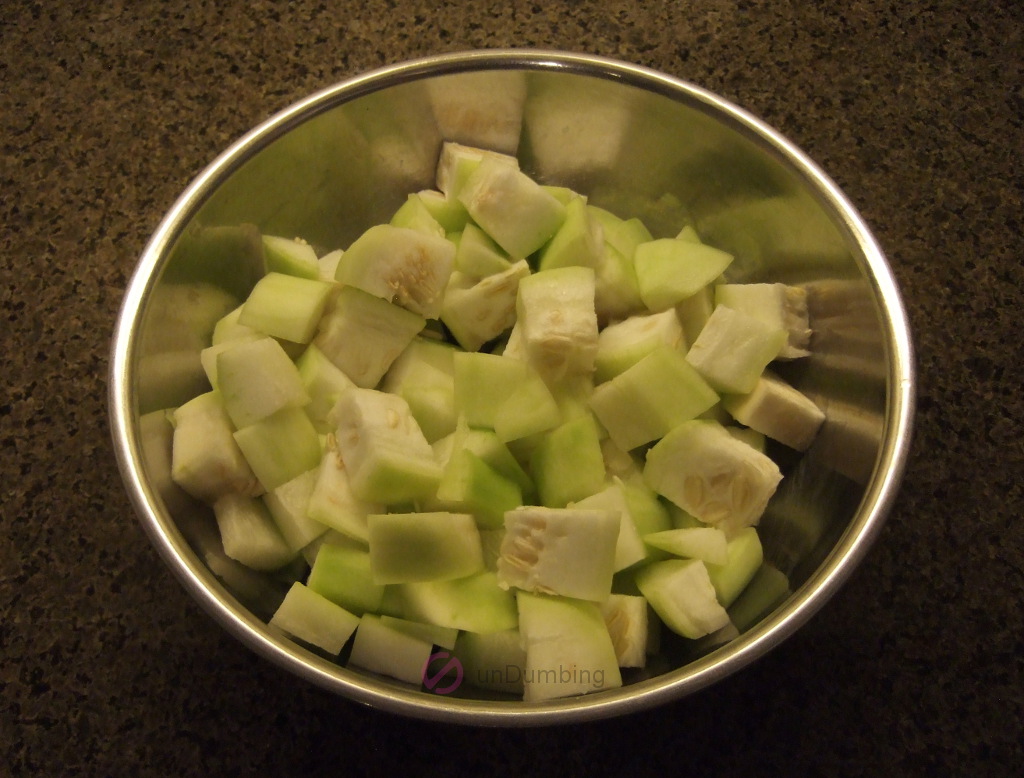 Opo squash cubes in a stainless steel bowl