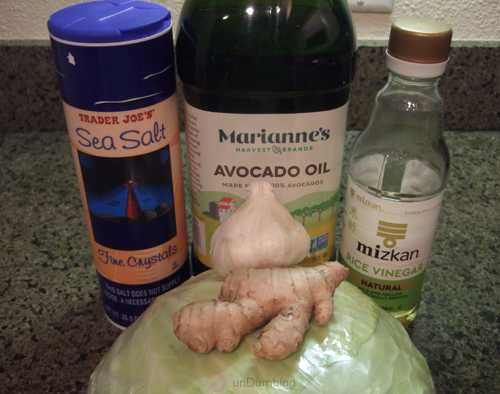 Salt, avocado oil, rice vinegar, garlic, fresh ginger root, and Taiwanese cabbage