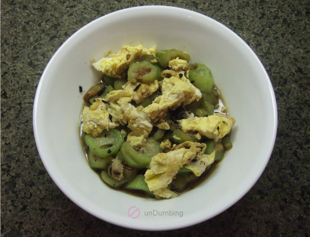 Chinese okra and egg stir-fry in a white bowl (Try 2)
