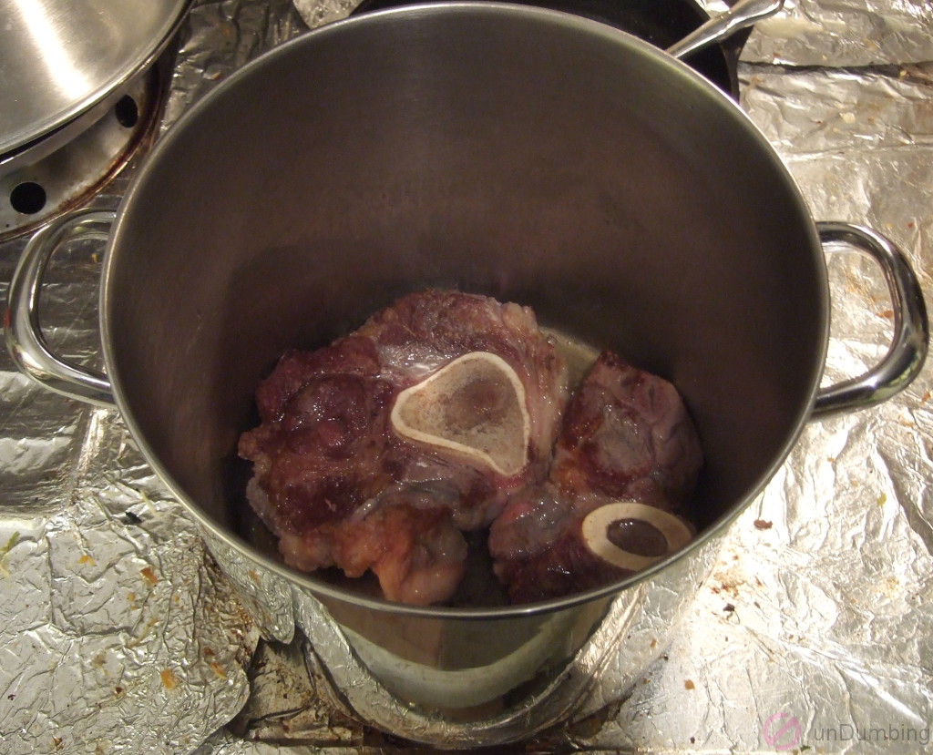 Browned beef shank in a pot