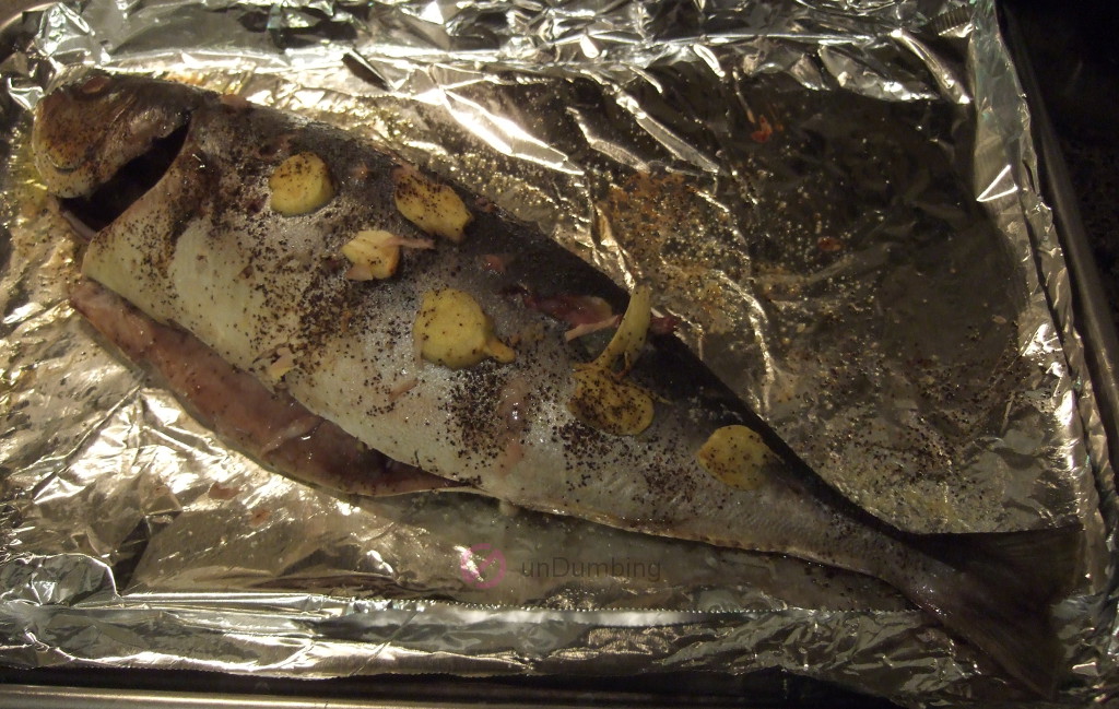 Baked yellowtail on foil-lined baking sheet (Try 2)