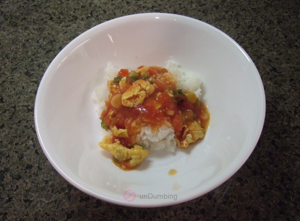 Tomato and egg rice in a white bowl (Try 2)