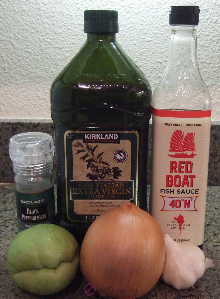 Black pepper, oil, fish sauce, chayote squash, yellow onion, and garlic