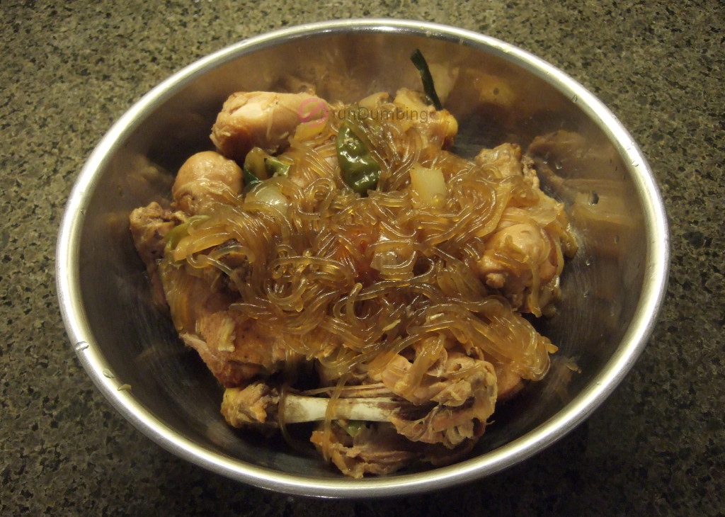 Korean braised chicken in a stainless steel bowl